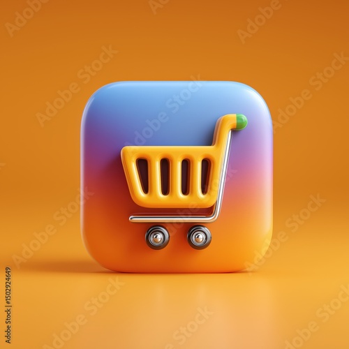 3D Rendering Stylized shopping cart icon on a vibrant gradient background. Sosial media style icon