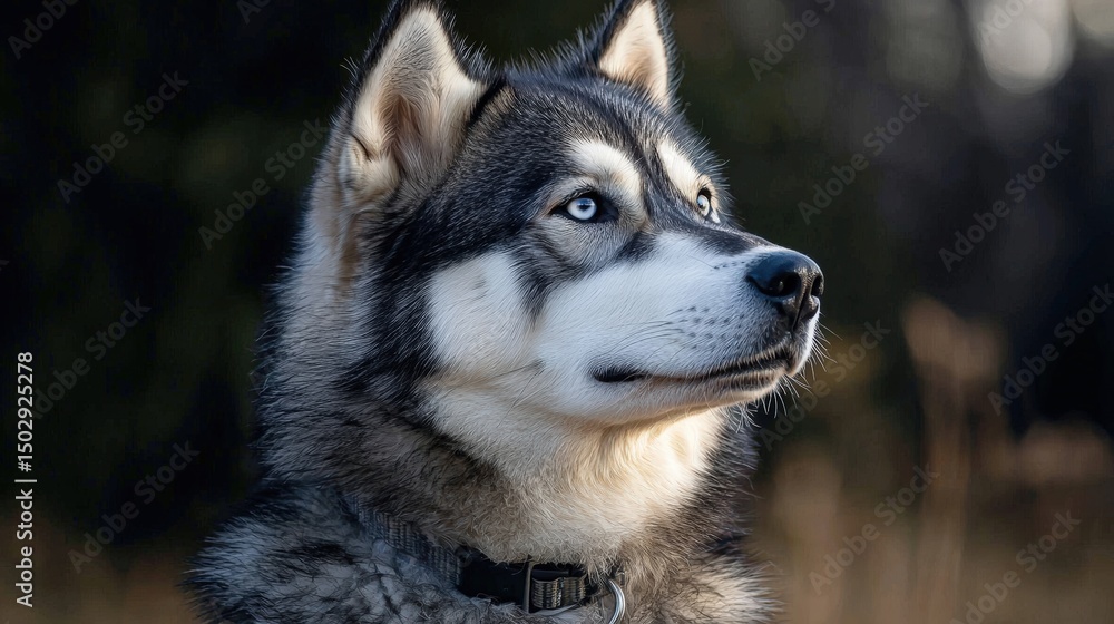 Close-up portrait of a Siberian Husky dog with striking blue eyes and thick fur, set outdoors in a natural environment du daylight with a blurred background Close-up portrait of a Siberian Husky dog with striking blue eyes and thick fur, set outdoors in a natural environment du daylight with a blurred background