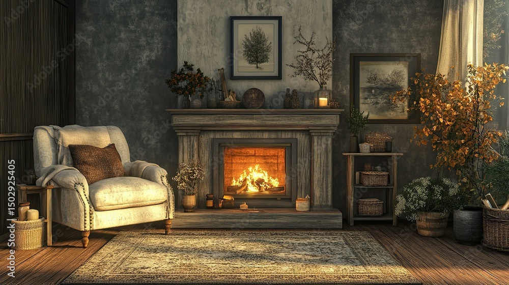 custom made wallpaper toronto digitalLiving Room with Fireplace: A chic living room design featuring a stylish armchair, a cozy fireplace, and raw, textured decor, ideal for showcasing mockups