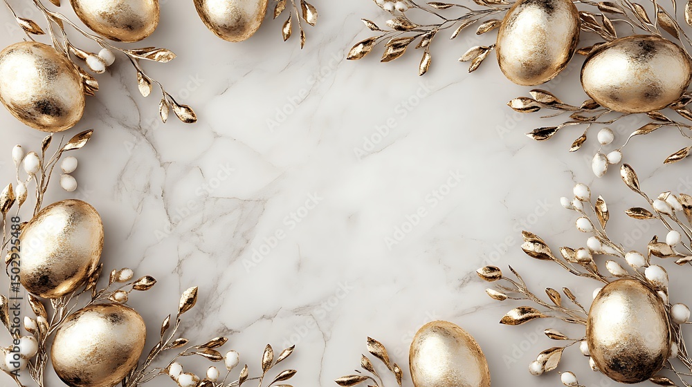 Obraz premium Floral Easter frame with mimosas and painted eggs on the white background. Top view. Copy space