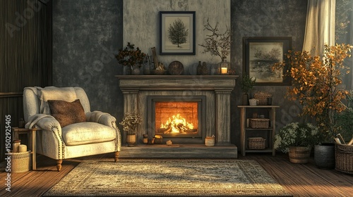 Wallpaper Mural Living Room with Fireplace: A chic living room design featuring a stylish armchair, a cozy fireplace, and raw, textured decor, ideal for showcasing mockups Torontodigital.ca