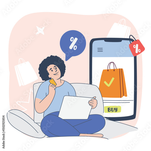 Happy woman sitting on couch using laptop and credit card, flat design e-commerce promotion
