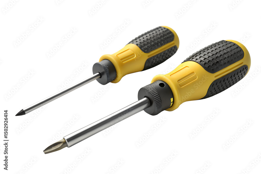 two compact stubby screwdrivers with yellow ergonomic handles, one flathead and one Phillips head, isolated on white background for DIY repair, maintenance tools photo.
two compact stubby screwdrivers with yellow ergonomic handles, one flathead and one Phillips head, isolated on white background for DIY repair, maintenance tools photo.