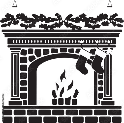 Festive Mantel with Stockings – Black and White Clipart

