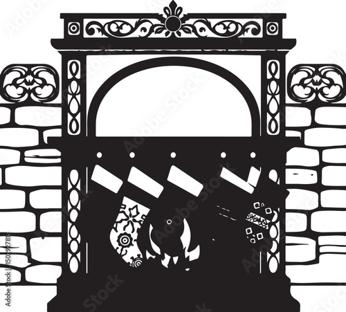 Festive Mantel with Stockings – Black and White Clipart

