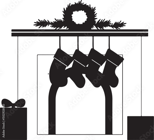 Festive Mantel with Stockings – Black and White Clipart

