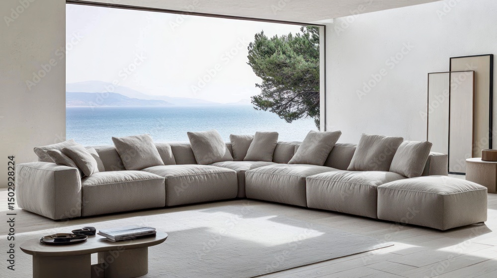 Obraz premium Modern sectional sofa with a view of the ocean.