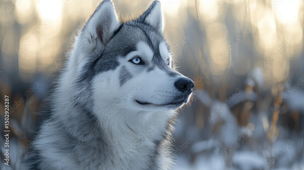 Naklejka premium Close up of a Siberian Husky dog with blue eyes in a snowy winter forest du daylight, showing detailed fur coat and alert expression with background trees
