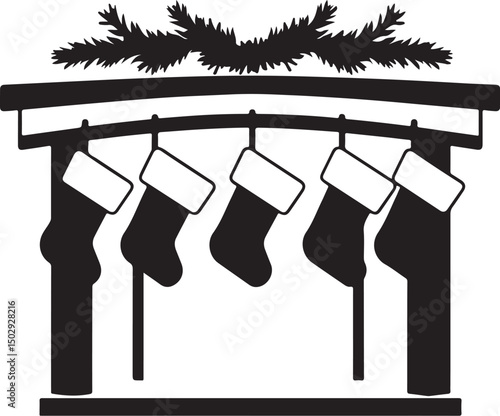 Festive Mantel with Stockings – Black and White Clipart

