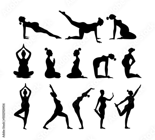 set of pregnant women yoga poses silhouettes