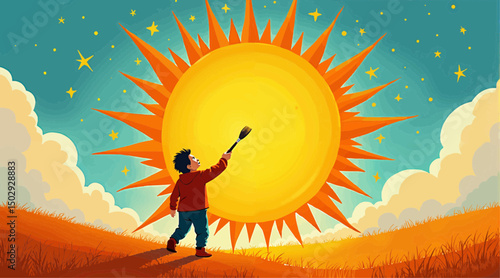Young boy painting sun with a brush in a bright sky landscape  