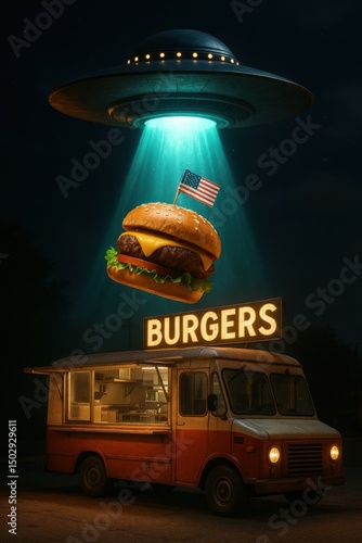 A UFO beams up a giant cheeseburger with an American flag above a burger food truck at night. Concept: World UFO Day, sci fi humor, fast food culture, alien encounter, surreal Americana