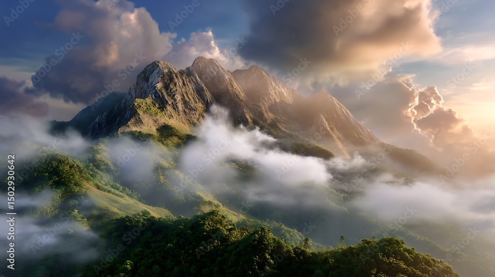 Naklejka premium Majestic Mountain Peak Shrouded in Fog at Sunset