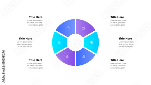 Infographic displaying six segmented circular data visualization highlighting key concepts for business or organizational purposes. Useful for presentations, strategy planning or marketing purposes