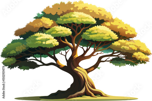 Hackberry (Celtis sinensis), with serrated oval leaves and corky bark, isolated on a white background.