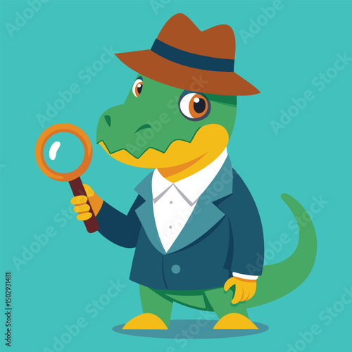 Dinosaur detective mascot with magnifying glass vector illustration