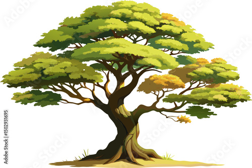 Hackberry (Celtis sinensis), with serrated oval leaves and corky bark, isolated on a white background.