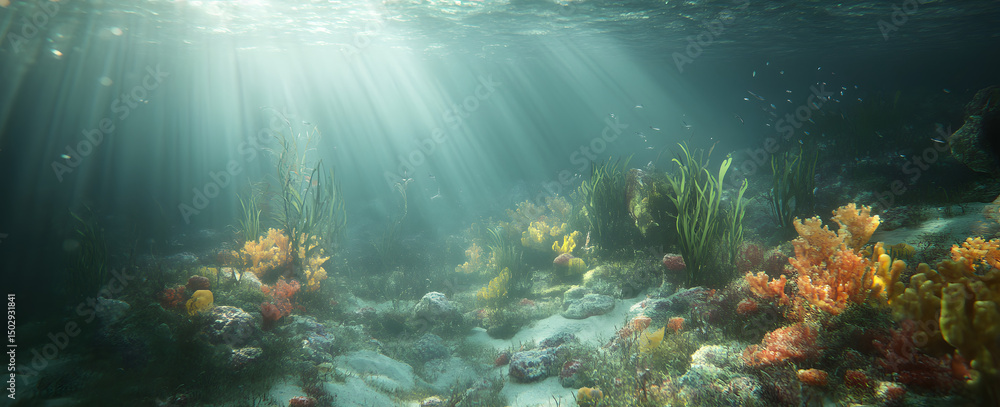Fototapeta premium Underwater Scene, Sunlight Beams, Ocean Floor
