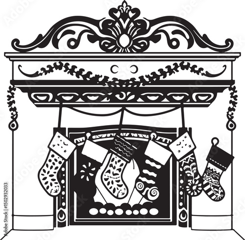 Christmas Mantel Decor with Stockings – Vector Art