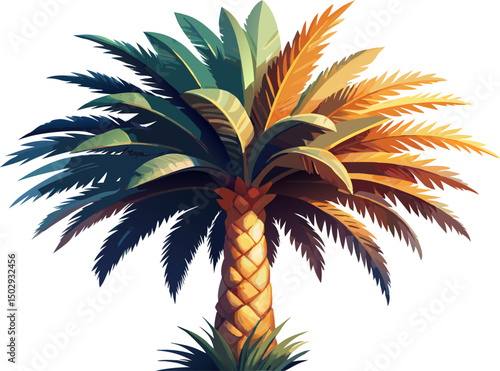 Wine Palm (Jubaea Chilensis) close up in the garden, A watercolor depiction of a Chilean Palm (Jubaea chilensis), with a thick trunk and feather-like fronds, isolated on a white background.