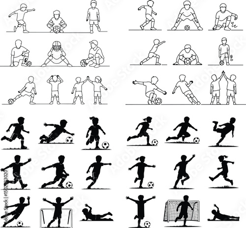 Kids Playing Football Silhouette Set – Soccer Boys & Girls Vector Pack Children Football Silhouettes – Fun Outdoor Sports Activity Graphic Set