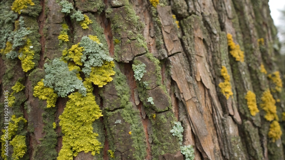 Obraz premium Closeup of Tree Bark Texture with Yellow and Green Lichen