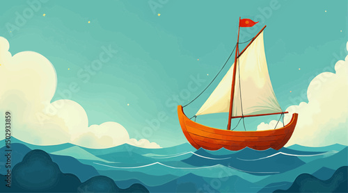 Illustrated sailing boat with white sails on ocean waves  