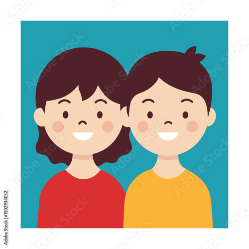 Cheerful cartoon illustration featuring smiling girl and boy children with simple designs and vibrant colors