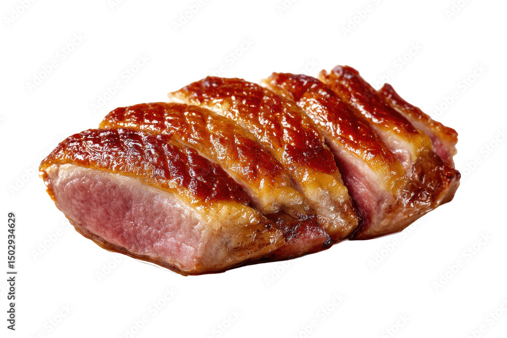 Fototapeta premium Sliced roasted duck breast, close-up view.