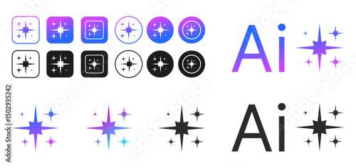 AI icon set with colorful artificial intelligence stars app logos. Includes AI generated icons AI stars and generate symbols. PNG illustration for digital design and branding use.