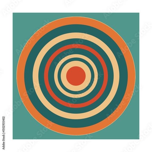 Retro style circular design with concentric rings in orange teal and cream color scheme