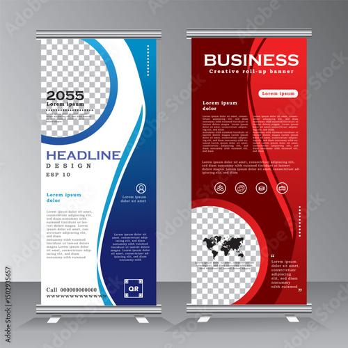 Roll up banner template for business, vertical banner template, abstract vector illustration , abstract geometric standee banner, modern x-banner and pull up, vertical banner with red and blue color