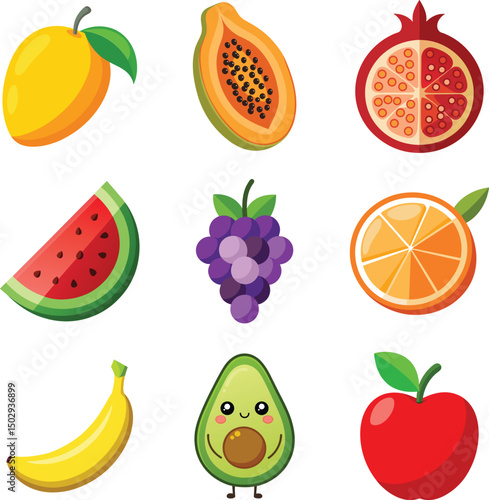 Cute Cartoon Fruit Icon Set – Colorful Vector Collection of Tropical and Fresh Fruits

