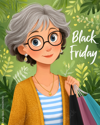 Cheerful elderly woman with shopping bags, excited shopping mood, against greenery, Black Friday