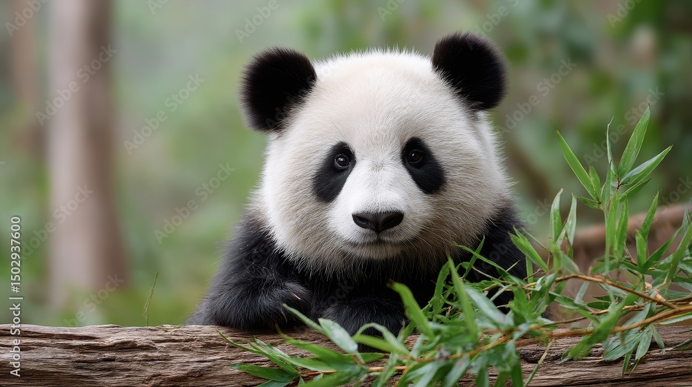 Calm Panda Eating Bamboo in Green Environment Calm Panda Eating Bamboo in Green Environment