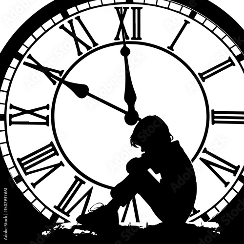 Silhouette of Child Under Large Clock - Time, Sadness, Waiting