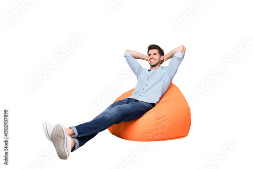 Cuadro en lienzo Turned full length body size photo of cheerful confident relaxing man sitting in