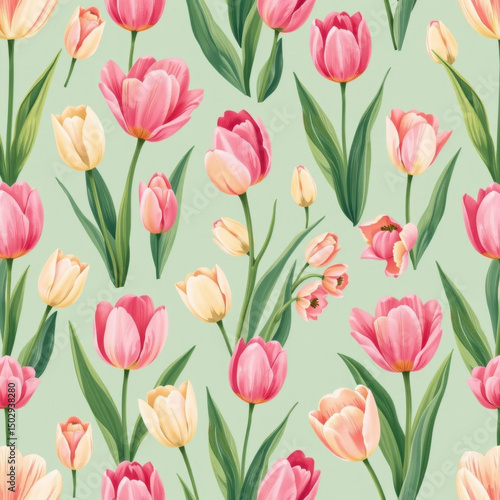 Delicate Floral Pattern with Pink and Yellow Tulips on Mint Background