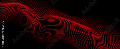 Abstract red wave lines on black background with flowing, futuristic motion effect, perfect for tech, music, or digital backgrounds.