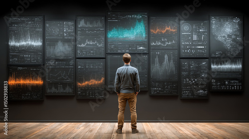 A person studies data visualizations in a modern gallery, reflecting on analytical insights and trends in business intelligence.