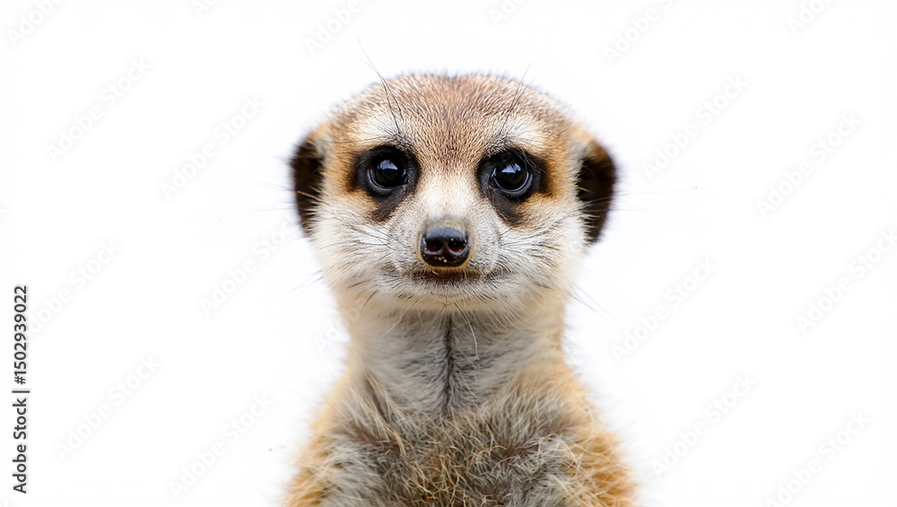 Fototapeta premium Meerkat portrait isolated on white background, showcasing its expressive eyes, furry face, and adorable features in a close-up studio shot.