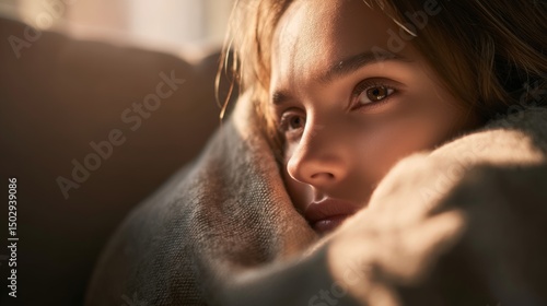 Tired exhausted woman resting on couch wrapped in blanket, feeling unwell and fatigued from long term illness, chronic sickness and health recovery concept.