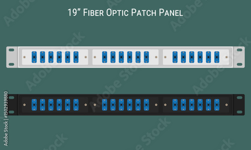 Fiber optic patch panels for 19 inch rack installation in black and white options. Vector illustration, EPS10