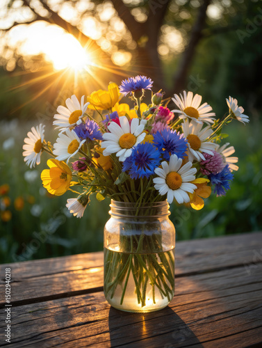 A delightful bouquet of wildflowers in a mason jar, illuminated by golden sunset light.