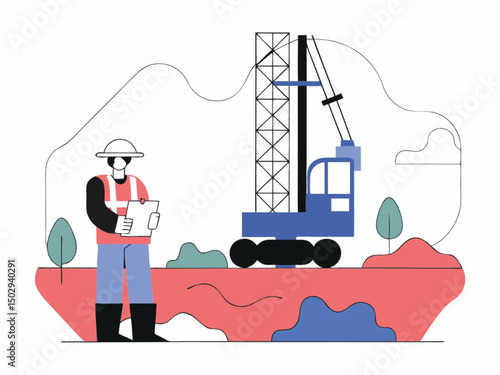 Vector illustration of an industrial worker with a truck, a symbol of construction and transport machinery
