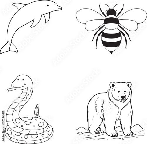 Cute black and white animal illustration set featuring a dolphin, bee, snake, and bear,perfect for coloring pages, educational materials, and kids' designs.