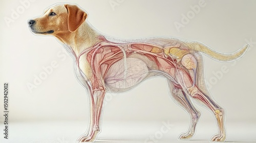 Anatomical Illustration of a Dog Showing Muscles, Bones, and Organs for Educational Purposes and Veterinary References, Realistic Animal Anatomy Diagram