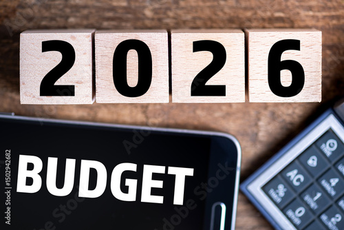 Budget 2026 new year on wooden blocks and office business concept background. 2026 Budget planning and allocation concept concept. 2026 New year resolutions, goals