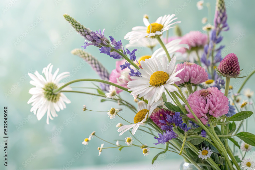 Fototapeta premium A captivating bouquet of daisies, clover, and other wildflowers, bursting with color and life.
