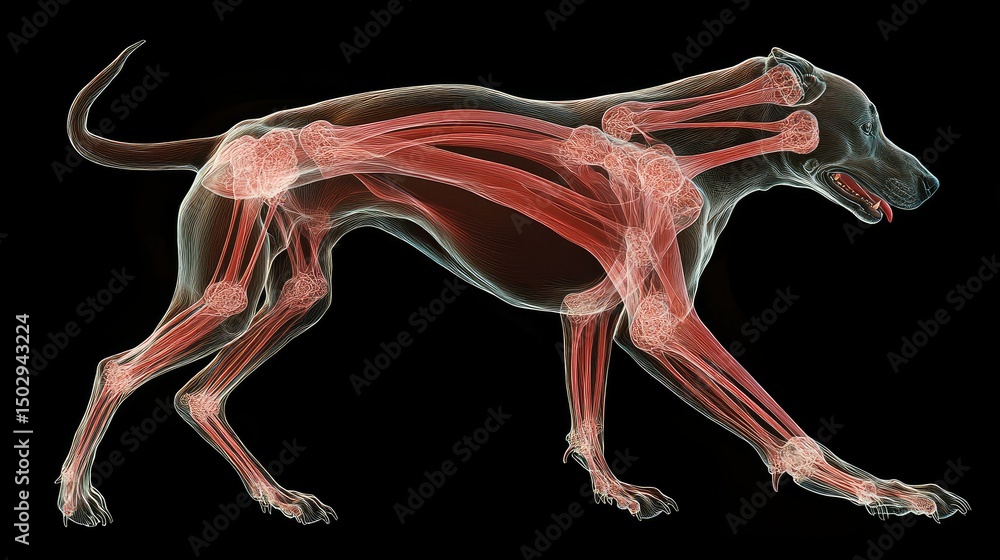 Obraz premium Anatomical illustration of a dog showcasing skeletal and muscular structure with highlighted ligaments and tendons on a black background
